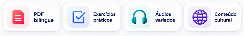 PDF bilíngue, exercícios práticos, áudios variados e conteúdo cultural